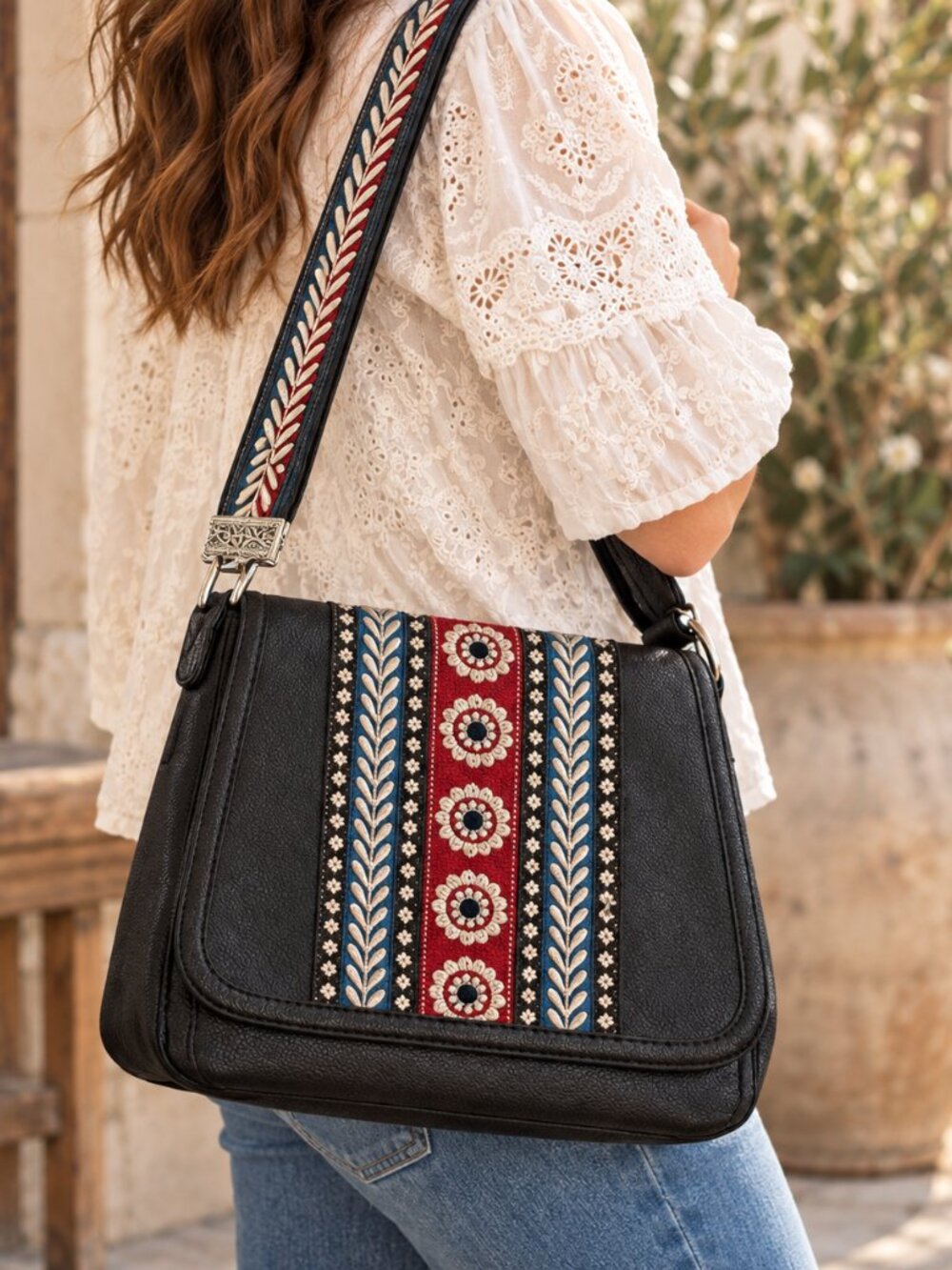 Brighton Bronte Organizer Shoulder Bag Black Leather Embroidered Boho Western